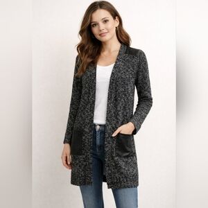 Apt 9 Black Gray Open Front Cardigan XS Faux Leather Trim Long Sweater RS 82